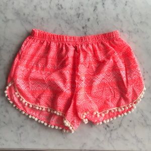 Boutique Aztec Coral Fringe Pom Shorts